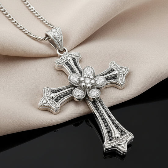 Gothic Cross Pendant Necklace in Sterling Silver, Black White CZ Vintage Flower Cross Charm, Handmade Religious Jewelry Gift for Him or Her