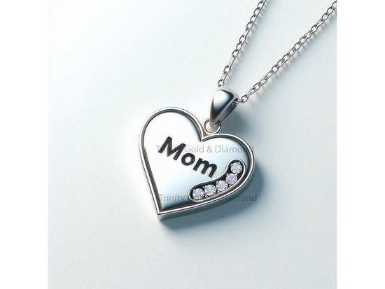 Mom Pendant Necklace with Moissanite, Heart-Shaped 925 Sterling Silver Jewelry, Gift for Mom from Daughter or Son