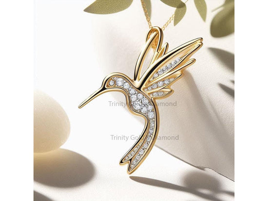 Hummingbird Pendant Necklace with Moissanite, 14k Gold Over 925 Sterling Silver, Bird Jewelry Gift for Her, Nature Inspired Necklace