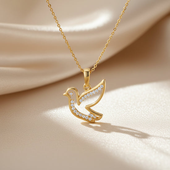 Dove Bird Pendant Necklace with Moissanite, 14k Gold Over 925 Silver, Peace Bird Jewelry Gift for Her, Symbolic Nature Charm