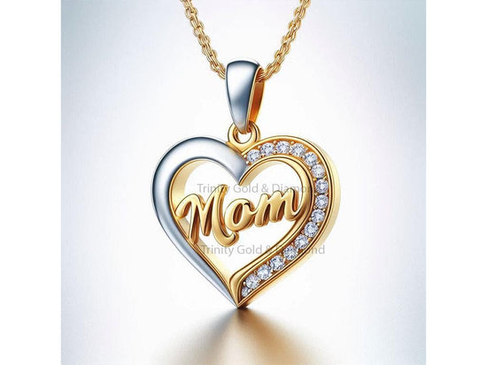 Mom Pendant Necklace with Moissanite, 14k Gold Over 925 Sterling Silver, Heart Necklace Gift for Mom, Mother’s Jewelry