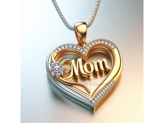 Double Heart Mom Pendant Necklace with Moissanite, 14k Gold & Silver Over 925 Silver, Floral Mother’s Day Gift for Mom