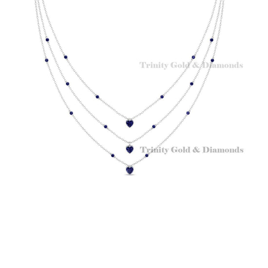Triple Layer Heart Blue Sapphire Station Necklace, Dainty Sterling Silver Chain, Minimalist Jewelry, Gift for Her