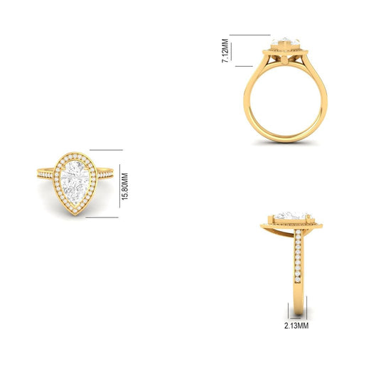 Pear Halo Lab Diamond Engagement Ring, 14KT Solid Yellow Gold, Pave Band, Handmade Bridal Ring, Teardrop Solitaire Ring for Her