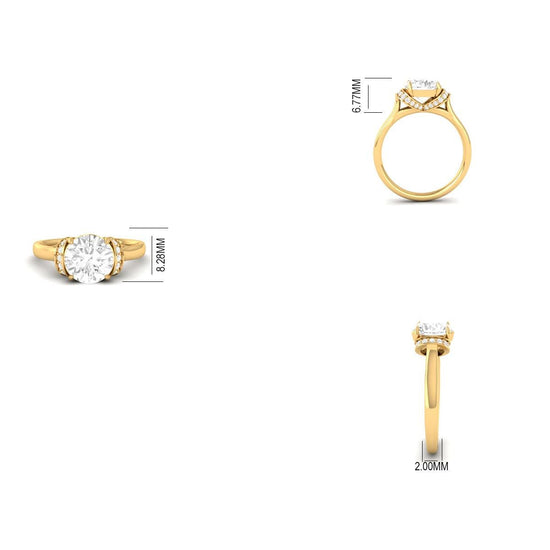 Round Lab Diamond Engagement Ring, 14KT Solid Yellow Gold, Double Pavé Accent Arches, Handmade Statement Ring for Her