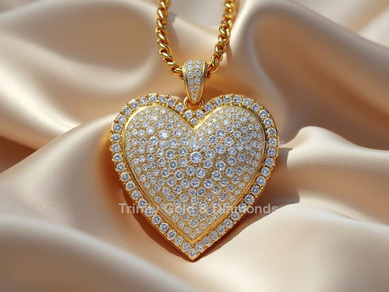 Double Pave Heart Pendant Necklace • Gold Puffed Charm • Valentine&