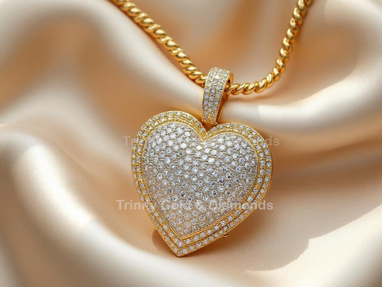 Heart Pendant Necklace • Full Moissanite Gold Heart Charm • Thick 3D Hip Hop Statement Chain • Perfect  Gift for Her • Trendy Necklace