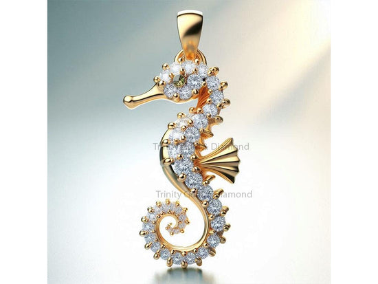 Lab Grown Diamond Seahorse Pendant Necklace, 925 Sterling Silver Ocean Inspired Jewelry, Gift for Her, , Unique ocean pendant
