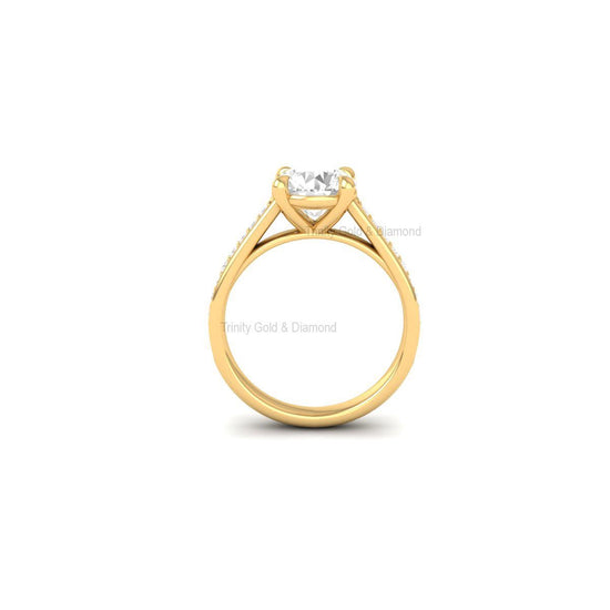 Round Lab Grown Diamond Solitaire Ring with Pavé Band in 14KT Solid Gold | Ethical Engagement Ring | Handmade Jewelry