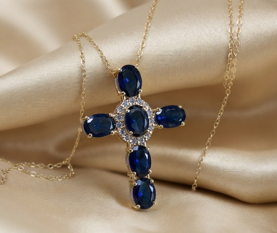 Big Cross Pendant •Blue Sapphire And White Moissanite Diamond 925 Sterling Silver Cross Pendant • Statement Jewelry • Oval Gemstone Cross