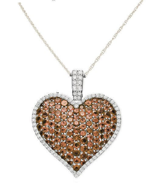 Brown Gemstone, Moissanite Diamond Heart Necklace, 14kt gold Over Silver, Big Heart Pendant, Gemstone Heart Pendant, Perfect Gift for Women