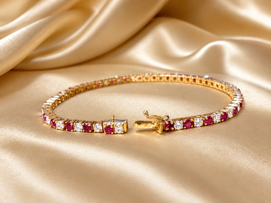 3.0mm Tennis Bracelet • 6.00TCW Red Ruby and White Moissanite Diamond Tennis Bracelet for Women • Dainty Silver Bracelet for Men Women