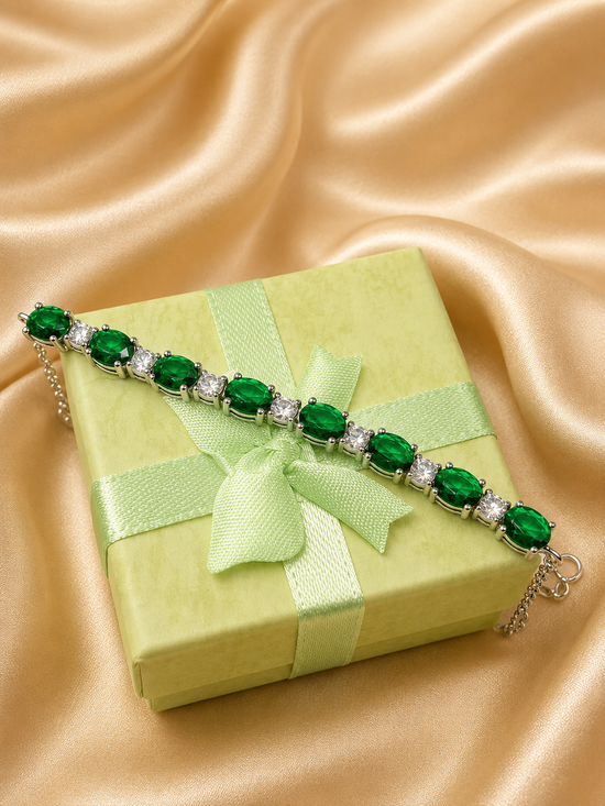4.00Ct Emerald & Diamond Bracelet, Oval And Round Cut Bracelet, Handmade Bracelet, 14k White Gold Plated, Party Wear Bracelet. Gift For Her,