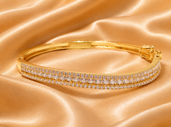 4.0Ct Moissanite Diamond Bangle Bracelet, Moissanite Diamond Bangle In 925 Sterling Silver With 14kt Yellow Gold Finish, Diamond Bangle