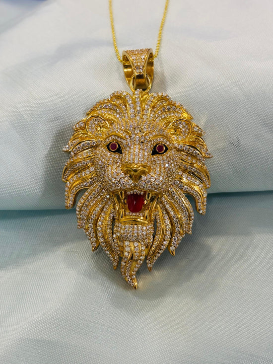 Lion Head Pendant Necklace in 18K Gold Over Sterling Silver with Red Ruby Eyes & Pave Moissanite