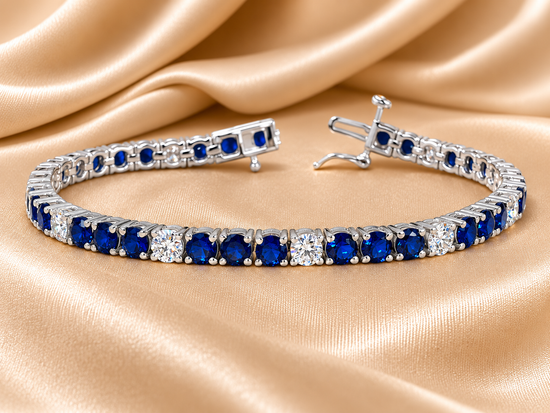 4.0mm Tennis Bracelet • Blue Sapphire and White Lab Grown Diamond Tennis Bracelet for Women • Size-5-10 Inch • Anniversary Gift for Women