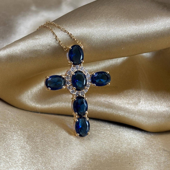 Big Cross Pendant •Blue Sapphire And White Moissanite Diamond 925 Sterling Silver Cross Pendant •  Statement Jewelry • Oval Gemstone Cross