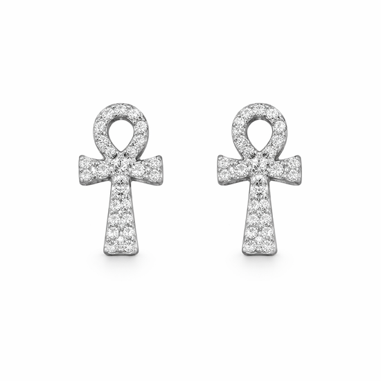Lab Grown Diamond Ankh Stud Earrings in 925 Sterling Silver | Symbolic Cross Studs | Minimalist Fine Jewelry for Women