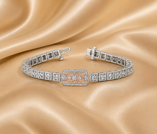 Art Deco Vintage-Inspired Tennis Bracelet • 14KT Gold Plated Square Diamond Box Bracelet • Perfect Gift for Her
