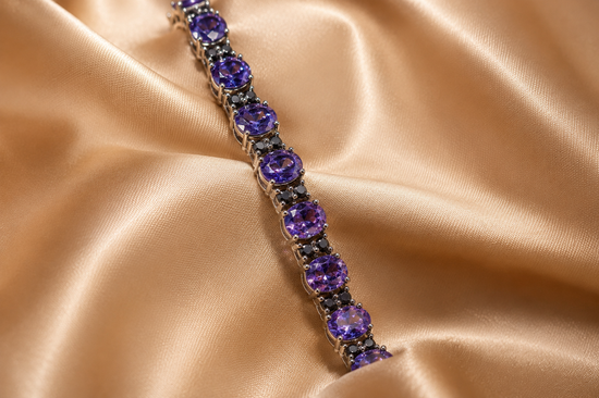 Black Moissanite And Amethyst Oval Diamond Tennis Bracelet For Women, 925 Sterling Silver With Black Rhodium Perfect Mothers Day Gift