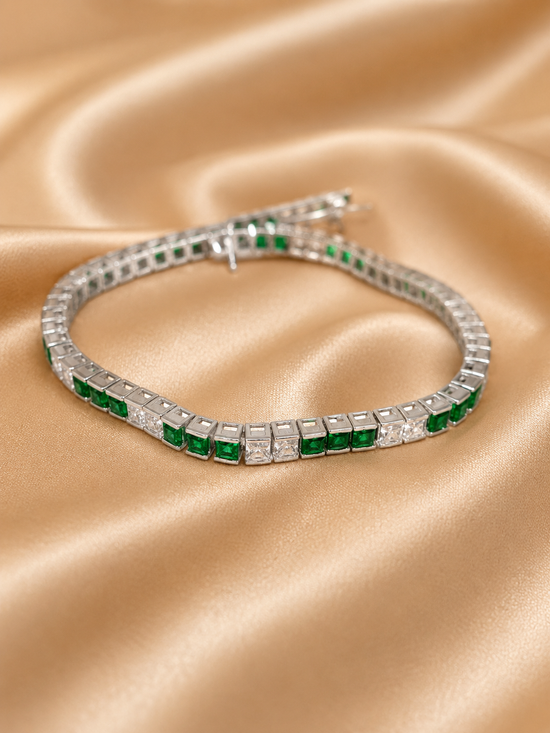 Emerald and Diamond Tennis Bracelet in 925 Silver • Tennis Bracelet Emerald & Diamond • 7 CTW CZ Princess Tennis Bracelets, Gift for Women
