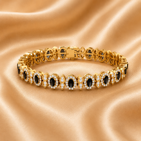Blue Sapphire Floral Bracelet, Handmade Oval Tennis Bracelet For Her, 14K Gold Plated Bridal Jewelry, Diamond Halo Gift Bracelet