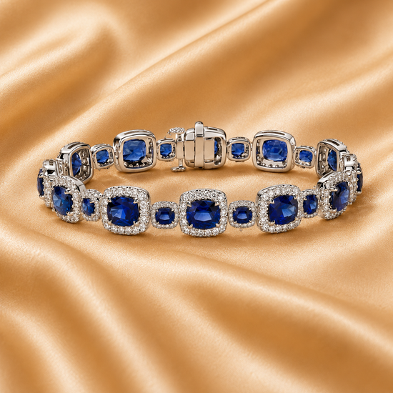Blue Sapphire Oval Halo Diamond Tennis Bracelet, Moissanite Halo Diamond Tennis Bracelet, Perfect Gift for Women, Classic Tennis Bracelet