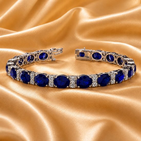 Blue Sapphire Tennis Bracelet, Oval And Round Cut, Moissanite & Sapphire Bracelet, 925 Sterling Silver,14k White Gold Plated, Gifts For Her