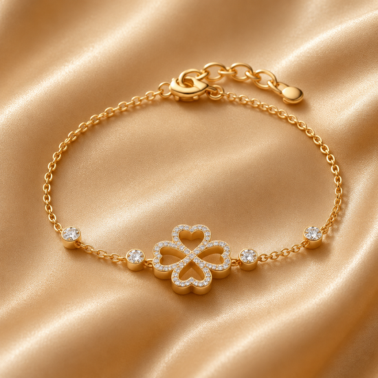 Open Heart Clover Bracelet, Gold Four Leaf Clover Charm Bracelet, Pavé Outline Lucky Bracelet, Dainty Adjustable Gift for Women