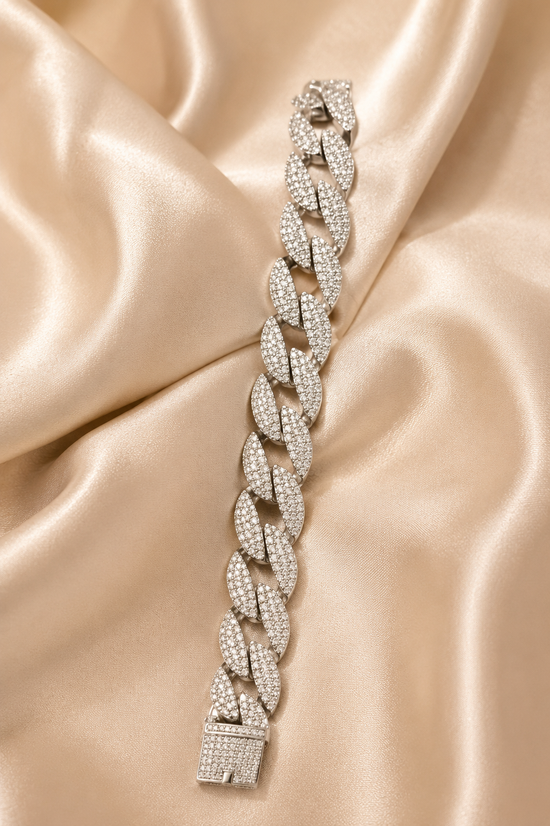 MOISSANITE CUBAN BRACELET ,Silver Bracelet Cuban Link Chain - Round Diamond Prong Set 10.80mm width 925 Sterling Silver Bracelet