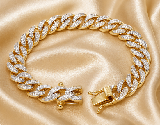 MOISSANITE DIAMOND CUBAN  Link Bracelet in 14k Yellow Gold-Plated 925 Sterling Silver for Men&
