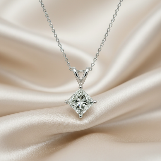 Lab Grown Diamond Princess Cut Solitaire Pendant Necklace in 925 Sterling Silver | Square Diamond Minimalist Necklace | Elegant Fine Jewelry for Women