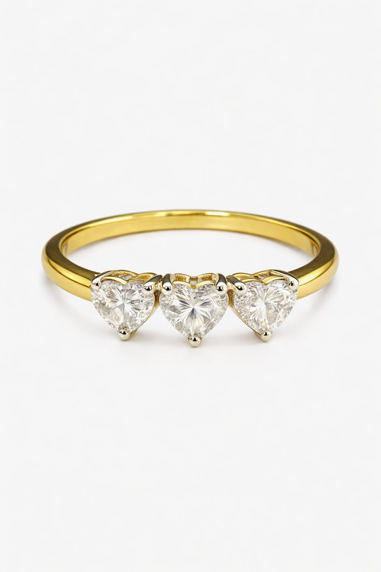 Lab Grown Diamond Three Heart Ring in 925 Sterling Silver Gold Plated | Triple Heart Promise Ring | Romantic Stackable Band for Women