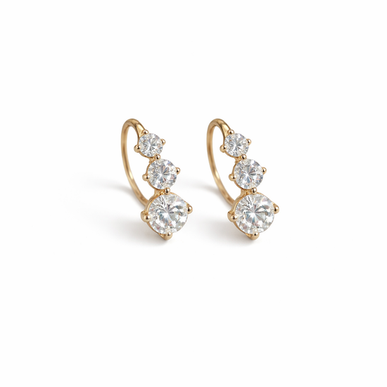 Lab Grown Diamond Three Stone Hoop Earrings in 925 Sterling Silver Gold Plated | Dainty Drop Hoop Earrings | Minimalist Everyday Jewelry for Women