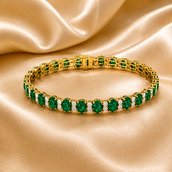 Oval Emerald and Diamond Tennis Bracelet • Gemstone Bridal Bracelet • Handmade Luxury Jewelry • Gift for Her Anniversary