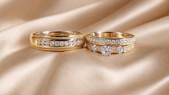 Moissanite Trio Bridal Set • Engagement Ring Set of 3 Rings • Wedding Trio Set Couple Bands • Perfect Anniversary Gift for Him and Her