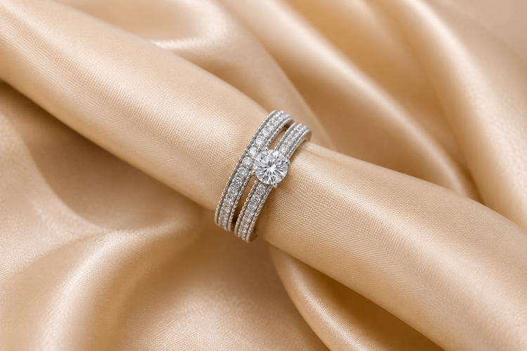 A silver-toned double band ring with a round-cut center stone and pavé-set diamonds, displayed on a finger against a draped champagne silk fabric background.