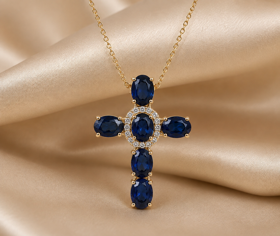 Big Cross Pendant •Blue Sapphire And White Moissanite Diamond 925 Sterling Silver Cross Pendant •  Statement Jewelry • Oval Gemstone Cross