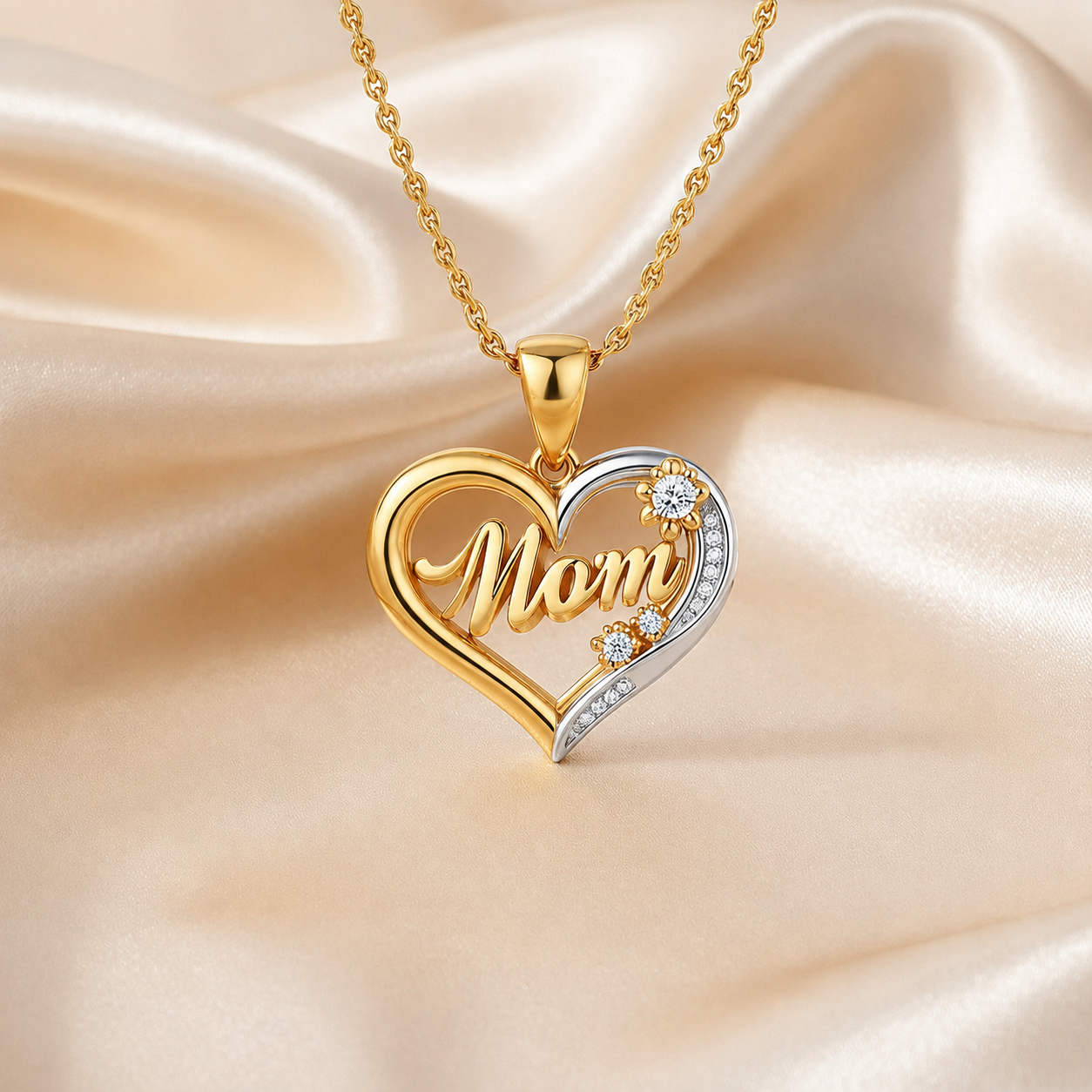 A gold heart-shaped pendant necklace with the word &
