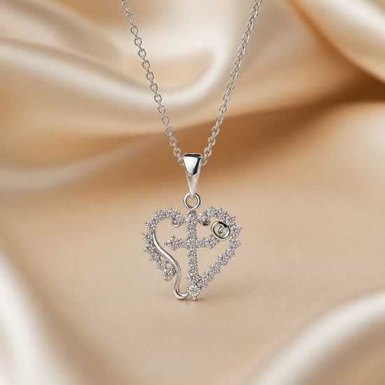 HEART PENDANT •  Moissanite Heart Cross Necklace • Heart Necklace • Natural Diamond Gift for Mom • Lab Grown Necklace •