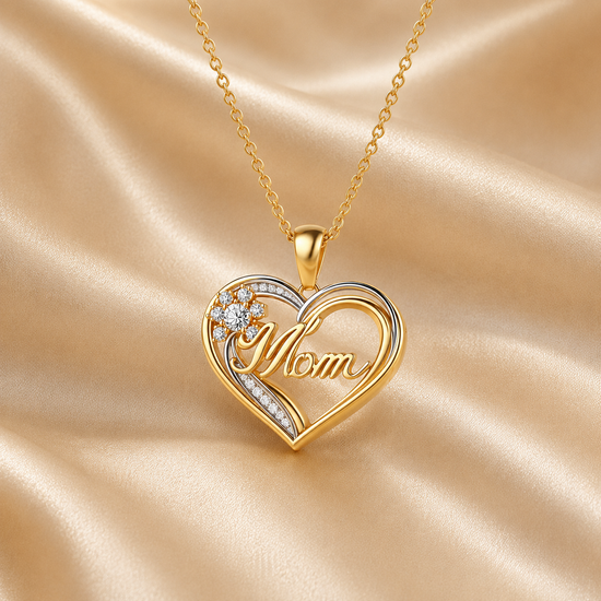 Gold heart-shaped pendant necklace with the word &