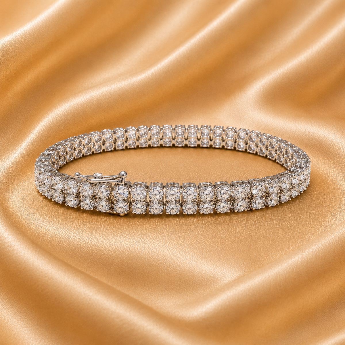 A double-row diamond tennis bracelet in a silver-toned setting, displayed on a draped champagne-gold satin fabric background.