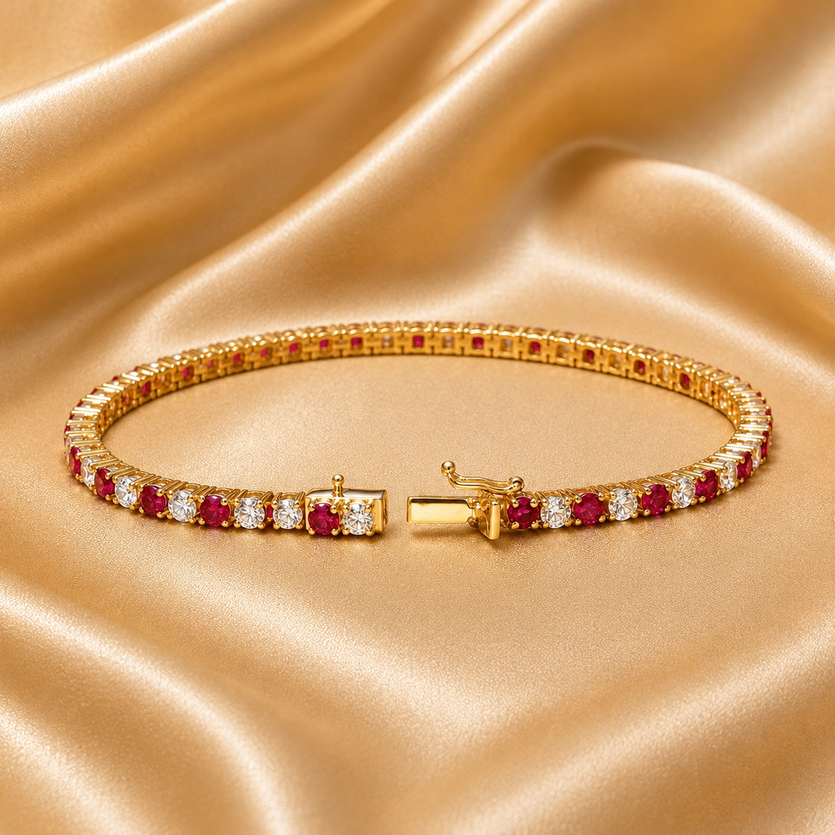 A gold tennis bracelet adorned with round-cut pinkish-red and clear gemstones, displayed on a draped beige satin fabric background.