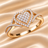 A heart-shaped Moissanite diamond ring with 14KT gold plating on a silver band, displayed against a gradient background.