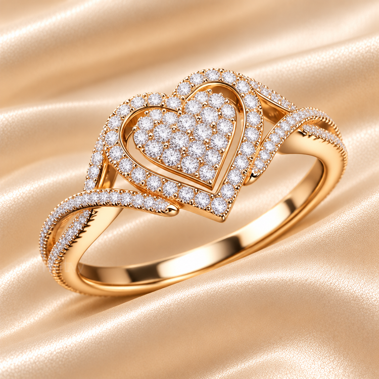 A heart-shaped Moissanite diamond ring with 14KT gold plating on a silver band, displayed against a gradient background.