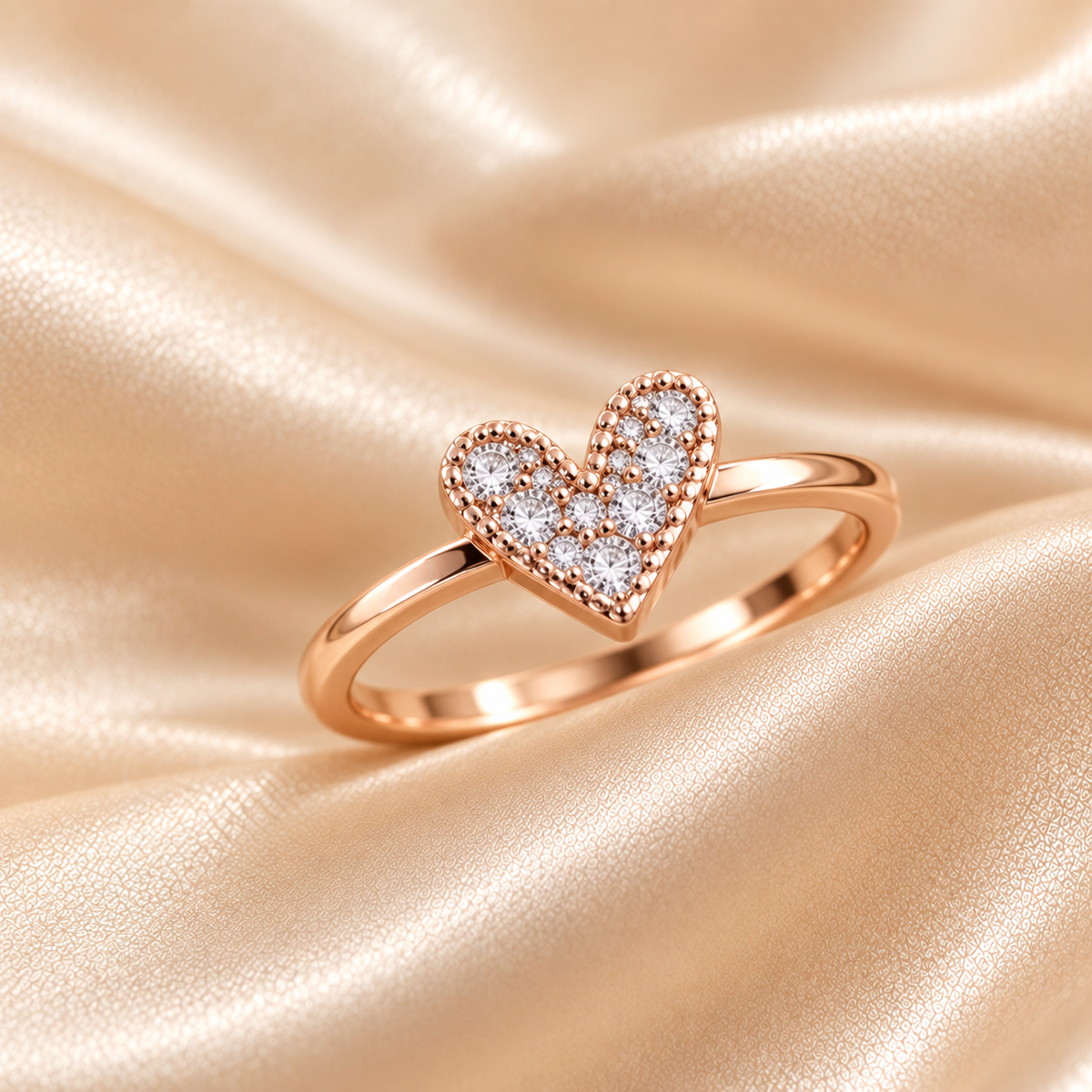 A close-up of a rose gold ring with a heart-shaped pavé setting worn on a finger, set against a soft beige satin fabric background.