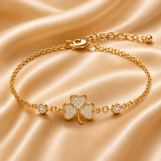 Clover Shape Bracelet For Women • 14KT Yellow Gold Over 925 Sterling Silver • Perfect Gift For Women • Size-5-12 Inches • With Lobster Lock