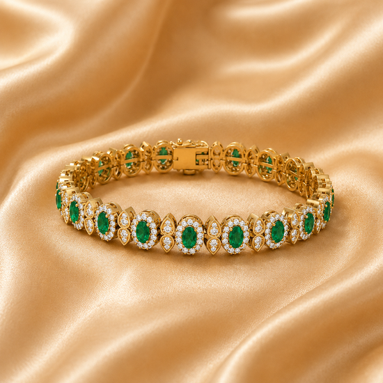 Emerald Diamond Floral Bracelet, 14K Gold Plated Handmade Gift Jewelry, Green Oval Tennis Bracelet For Women, Wedding Jewelry Gift