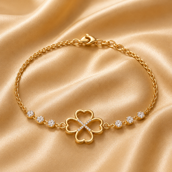 Open Heart Four Leaf Clover Bracelet, Gold Lucky Charm Bracelet with Round Diamond Accents, Adjustable Dainty Jewelry Gift for Her