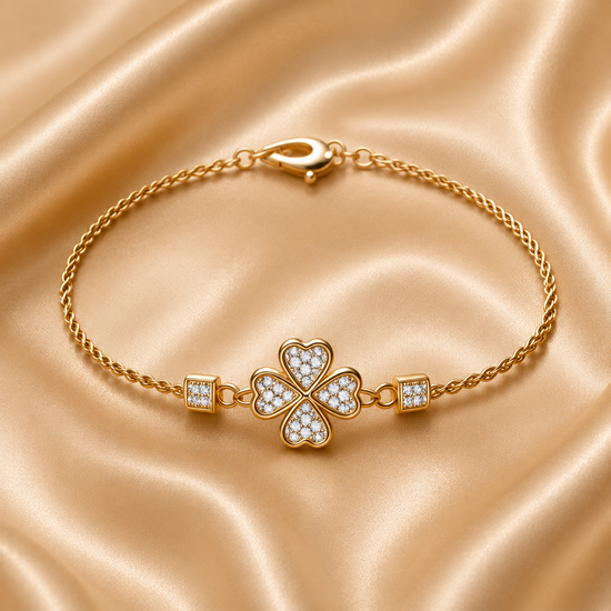 Four Leaf Clover Bracelet for Women, Twisted Rope Chain Lucky Charm Bracelet, Heart Petal Gold Bracelet with Pavé Diamonds, Gift Jewelry
